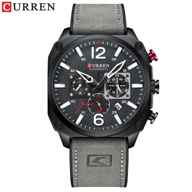CURREN Herren Top-Marke, modische Uhr, lässig, Sport, Leder, Chronograph, Quarz, Armbanduhren für Männer, leuchtende Zeiger schwarz