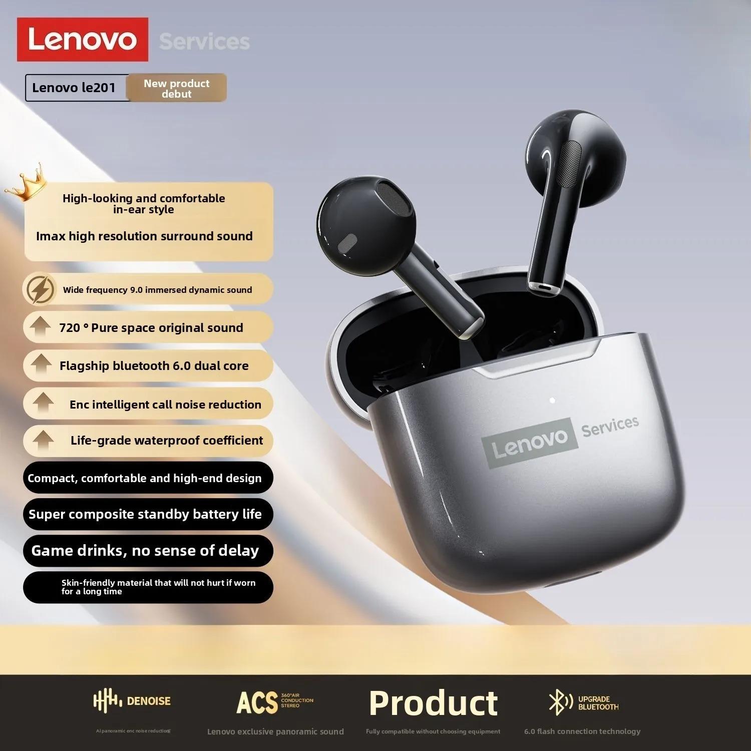 Originale Lenovo LE201 Drahtlose Kopfhörer Bluetooth 6.0 Ohrhörer ENC Anrufgeräuschunterdrückung Ultralange Latenz Surround-Sound Kopfhörer grau