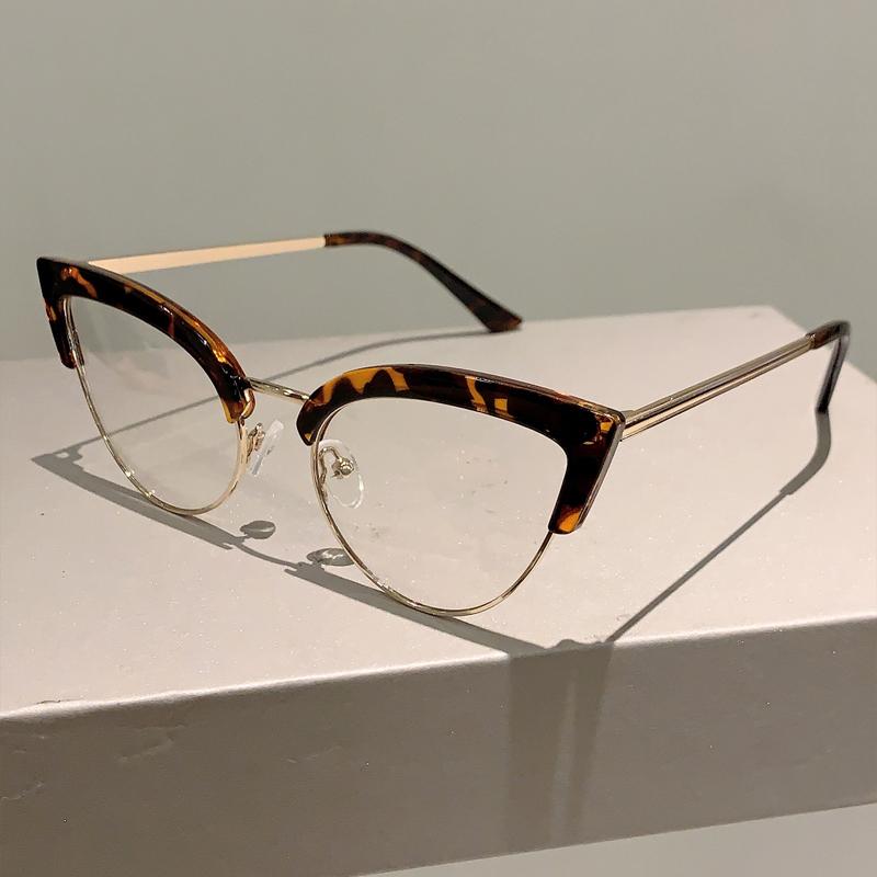 KAMMPT Vintage Katzenaugenförmige Brille Neuer Stil Halbedelmetallrand Damen Brillenrahmen Trendiges -Design Unverglaste Brille