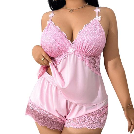 Damen Übergröße Schlafanzug Set Sexy Spitze Besatz Ärmelloses Cami Top Und Shorts Nachtwäsche Set Zweiteiliges Camisole Lounge Schlafanzug PJs Set XXL rosa