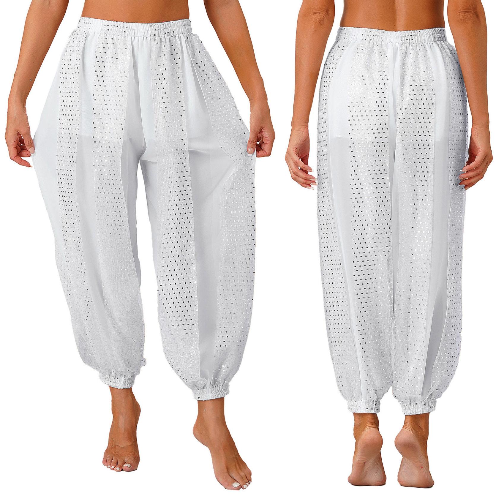 Damen Bauchtanz-Kostüm, Münzen, Laternenhose, seitlich geteilte Pailletten, glänzende Haremshose, arabische Halloween-Hose One Size weiß