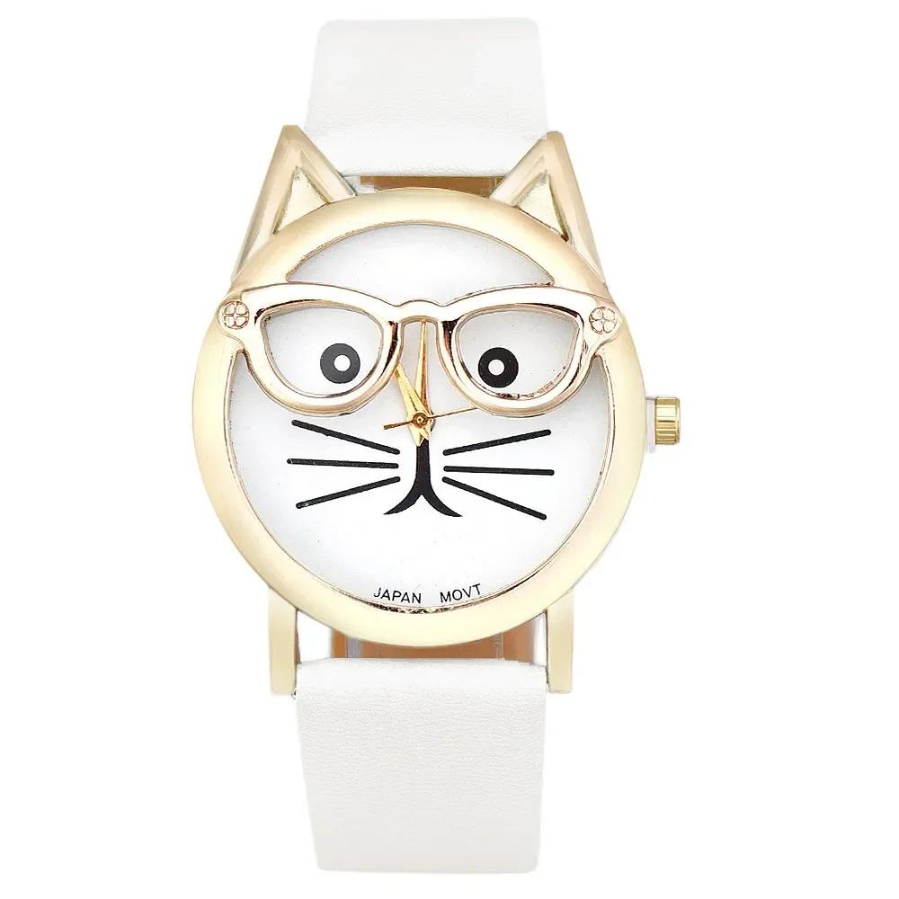 Mode Leopard Print Uhren Damen Niedliche Brille Katze Uhren Damen Kunstlederarmband Quarz Armbanduhren Bestes Geschenk Montre Femme weiß