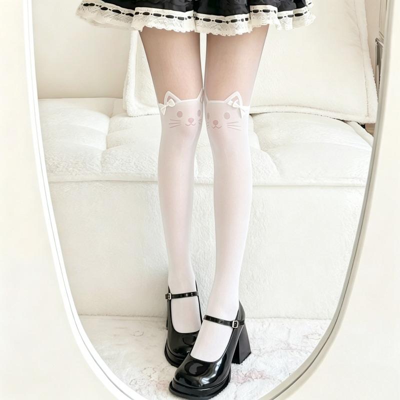 Damen Süße Katze Print Durchsichtige Strumpfhosen, Kawaii Transparente Strumpfhosen Für Lolita Tägliches Tragen Party Cosplay Strumpfhosen Damen One Size beige