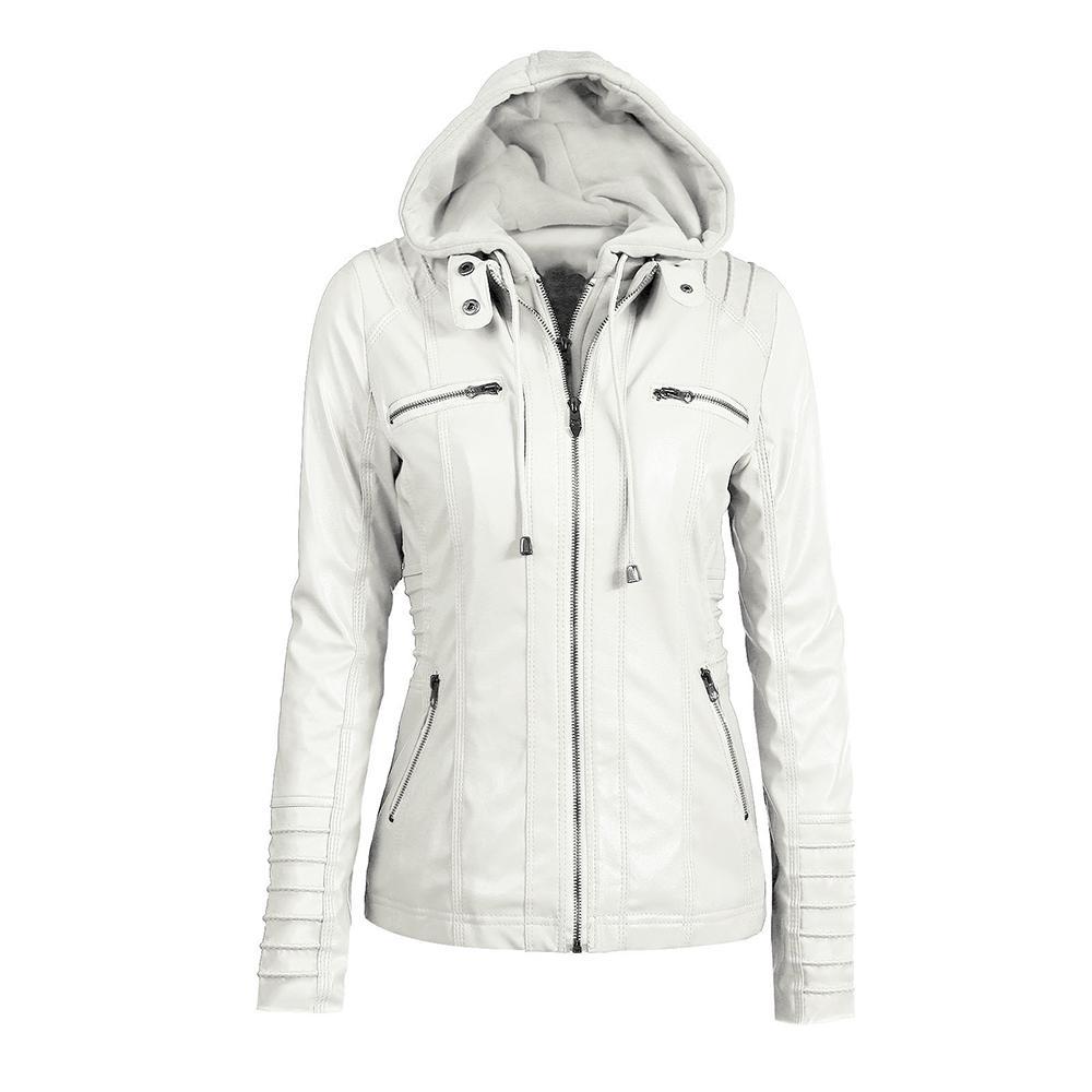MakeWishes Plus Größe S-7XL Frauen Leder PU Mit Kapuze Zipper Motorrad Biker Jacke Mäntel Herbst Winter Warme Mantel XXXXL elfenbein