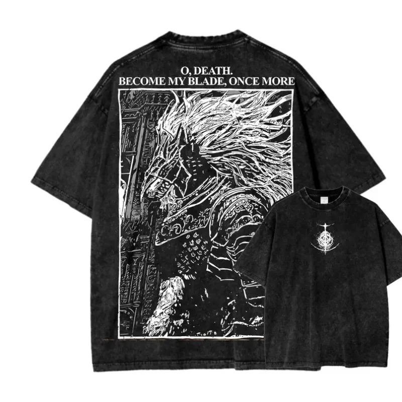 Maliketh Elden Ring Vintage Washed Line Art Grafik Oversize Streetwear Elden Ring Dark Fantasy Spiel Fan Merchandise T-Shirt Top für Elden Ring Fans Gamer XXL