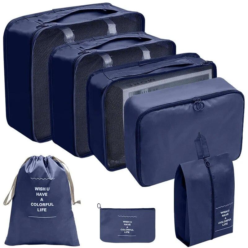 Reise-Organizer-Set, 7 Farben, Aufbewahrungstaschen, Koffer, Verpackungswürfel-Set, Koffer, tragbares Gepäck, Kleidung, Schuh-Ordnungsbeutel, zusammenklappbar 7pcs navy blau