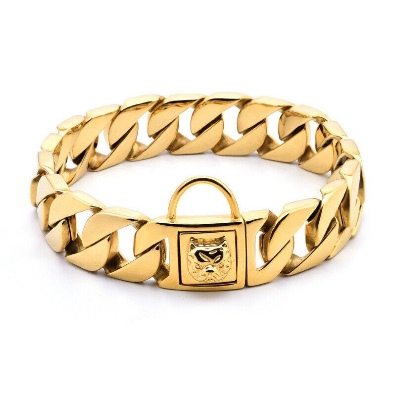 Bully Hundehalsband, 32 mm, Edelstahl, Goldkette, großer Hund, Pitbull, Bulldogge, französische Halskette, individuelles, hochwertiges, starkes Haustierhalsband S 32mmx40cm