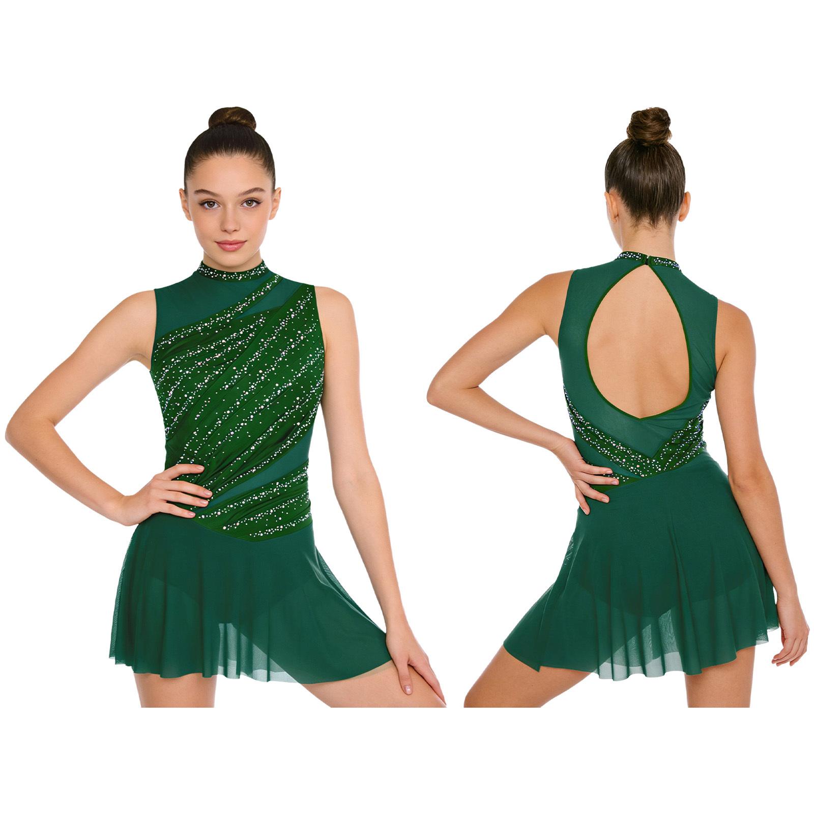 Damen Gymnastik Ballett Lyrischer Tanz Turnanzug Kleid Strassverziertes Mesh Rock Kleid Modernes Zeitgenössisches Tanzkostüm M dunkelgrüne