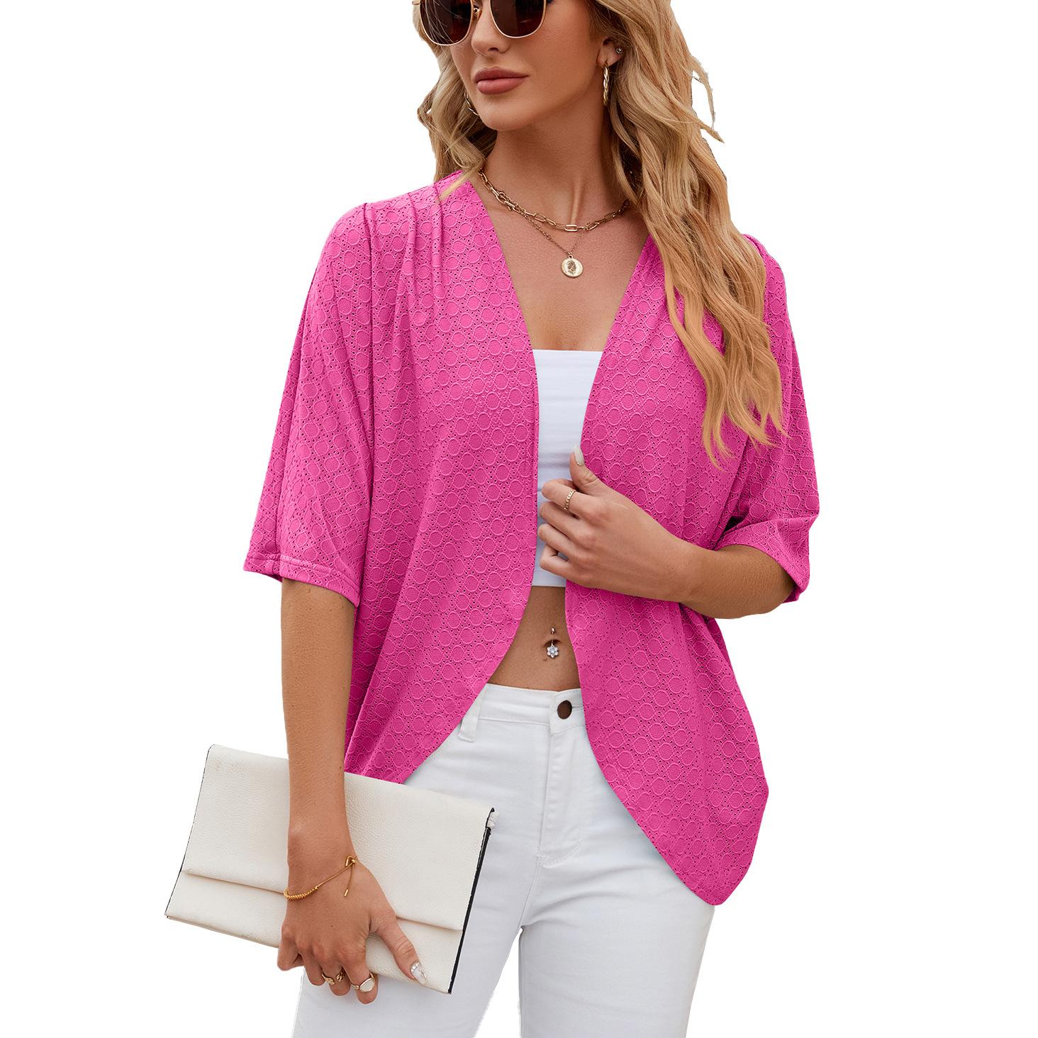 Sommer Damen Strickjacke Neue Einfarbig Mittelarm Strickjacke Strickjacke Jacke Klimaanlage Hemd M barbie rosa