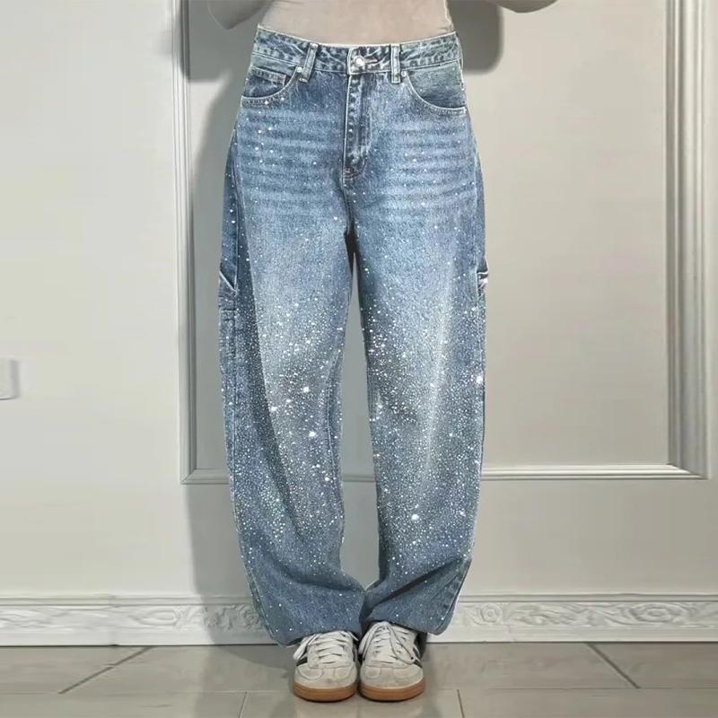 Modische Strass Damenjeans Y2K Street Super Große Glitzernde Damen Weitbein Hose Frühling Sommer Damenjeans XXL hellblaue