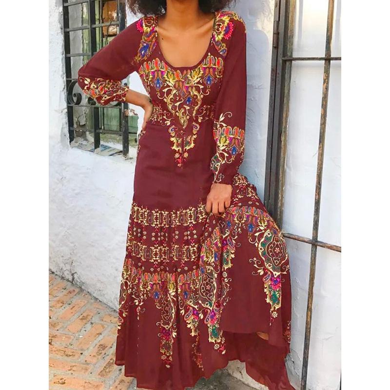 Neue Frauen Lose Rundhals Kleid Vintage Print Langarm Casual Maxi Kleid Elegante Frauen Strand Kleid Böhmischen Party Club kleid L weinrot
