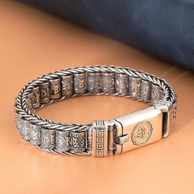 RetroSen Handgefertigte kreative Glücksbringer-Armbänder mit buddhistischer Schrift für Männer, drehen Sie Perlen, Retro-Mantra mit sechs Zeichen, personalisierte Accessoires 22cm