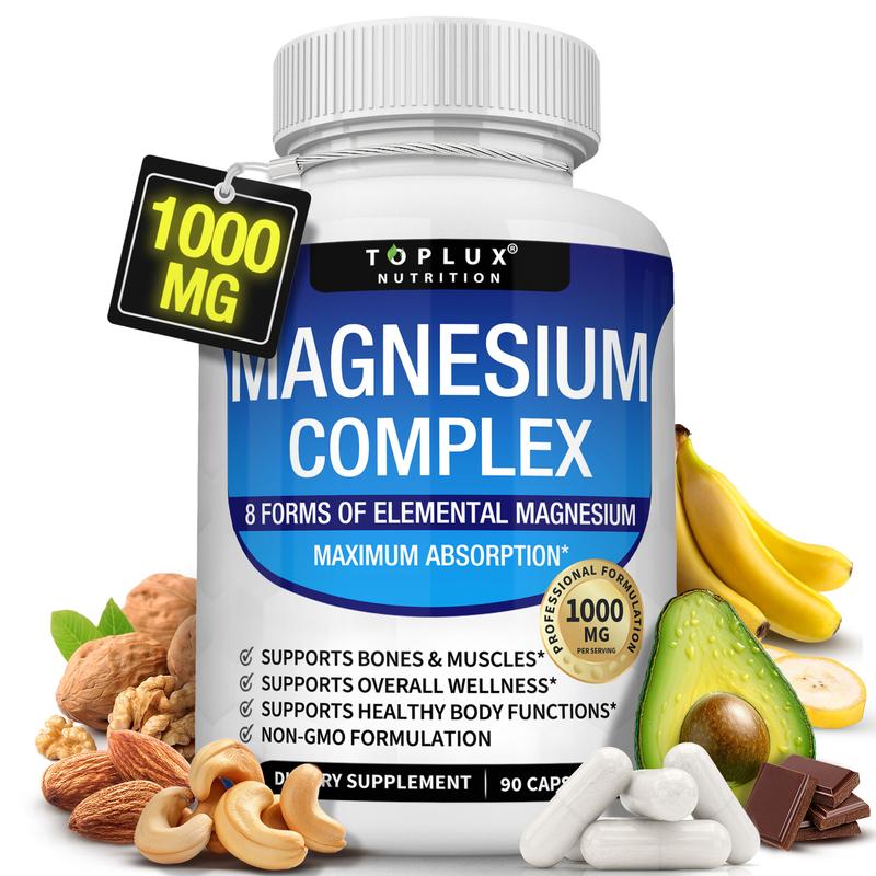 Magnesiumkomplex-Nahrungsergänzungsmittel 8 Elemente 1000 mg - Taurat, Cheliert für einfache Aufnahme für Knochen, Muskeln, Erholung, Energie, Vegan, GVO-frei 90 Kapseln