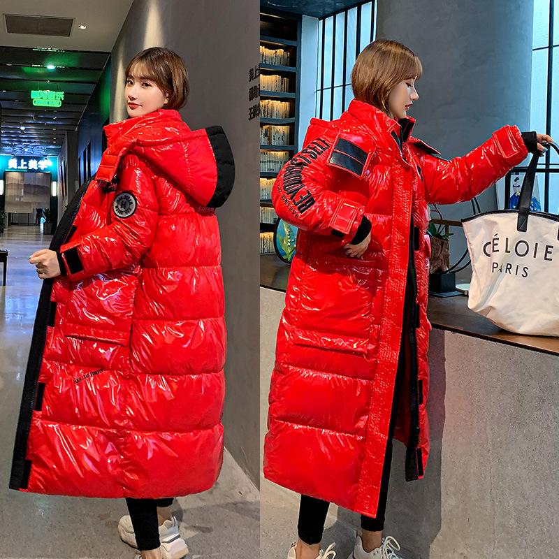 Damen Wintermantel Winterjacke mit Kapuze Schwarz Lange Daunenjacke aus Baumwolle Locker Warm Glänzend Damen Parka Schneemantel Jacke L rot