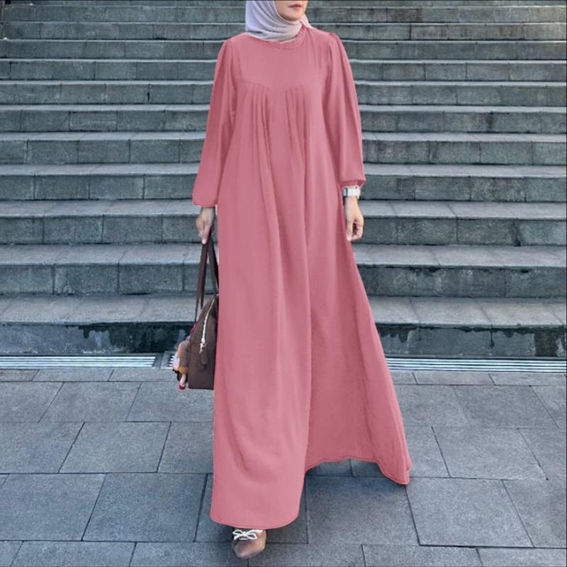 ZANZEA Damen Rundhals Locker Langarm Muslimisches Lässiges Langes Kleid 4XL rosa