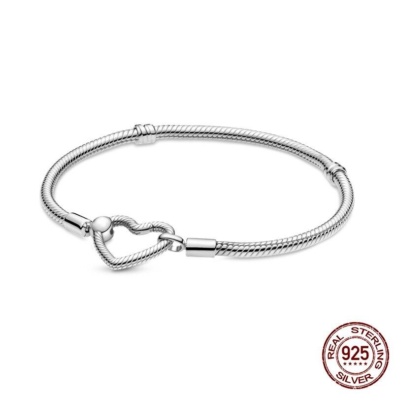 Schlangenkette mit Herzschnalle, 925er Sterlingsilber, passend für Marken-Charm-Armbänder, DIY-Herstellung von edlem Schmuck für Frauen 20cm