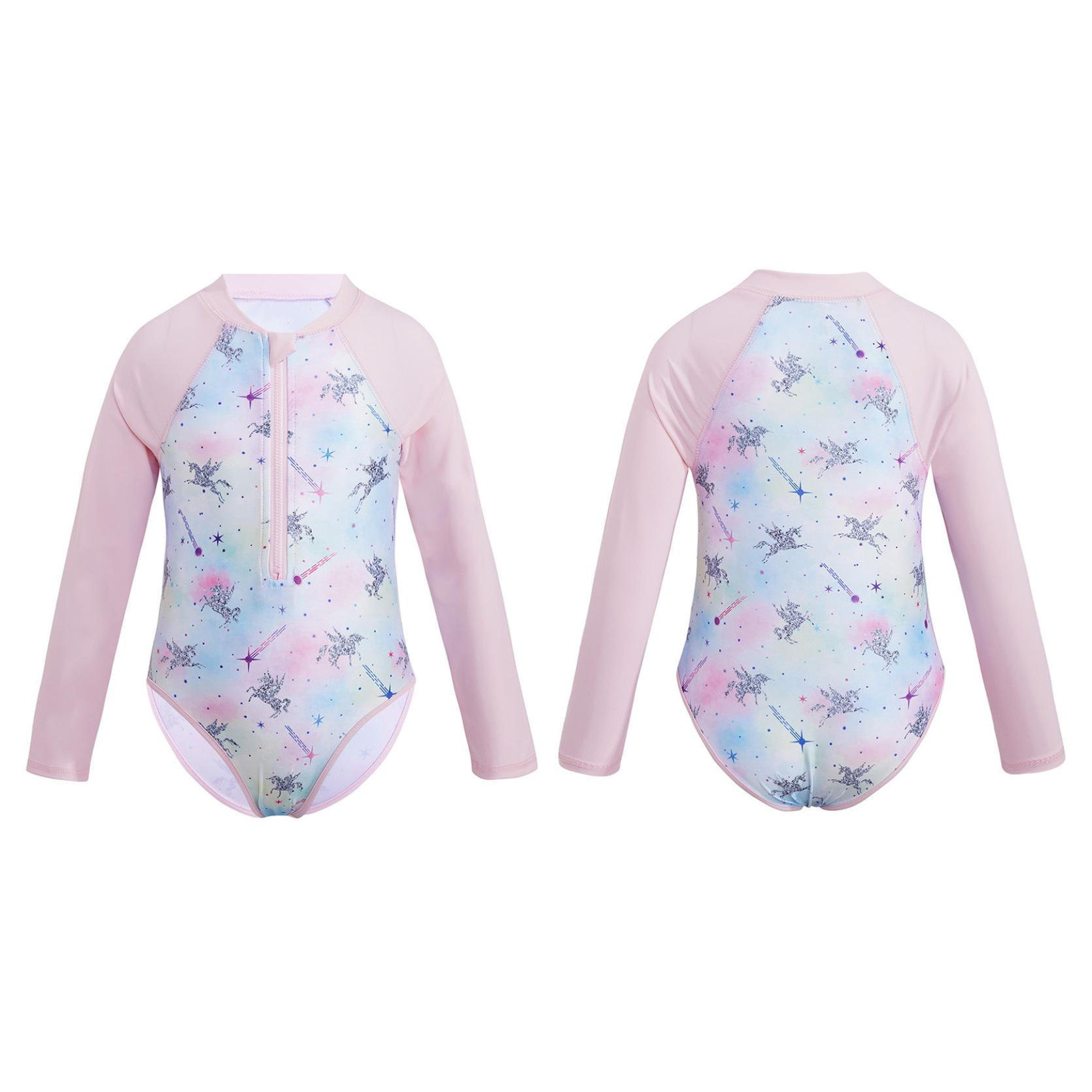 Kinder Mädchen Badeanzug Langarm Palmen Gedruckt Reißverschluss Bademode Badeanzug Rash Guard Body Strand Tragen 12-14 Years hellrosa