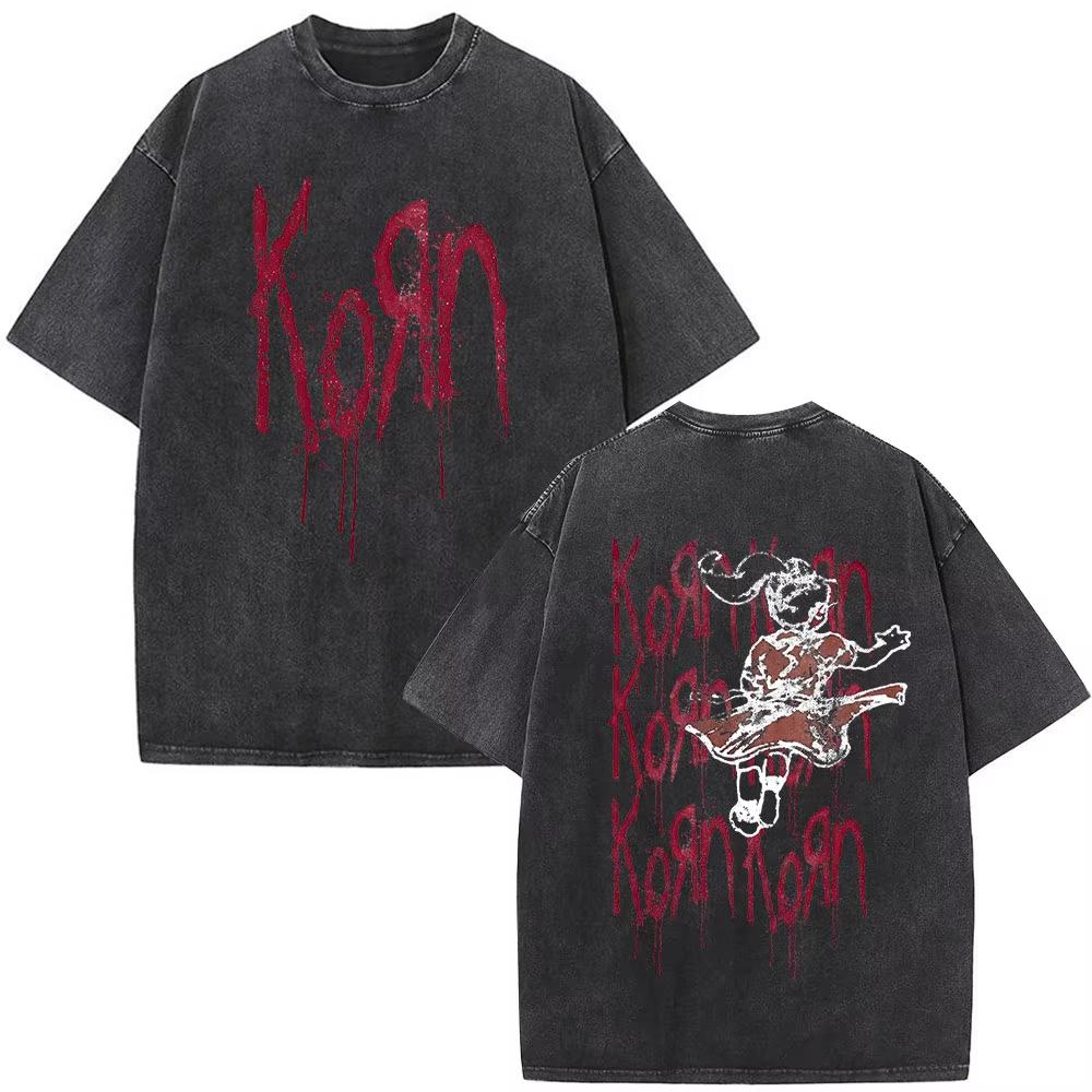 2026 Korn Tour 2026 Merch Vintage Washed T-Shirt Fan Geschenke Metal Gothic Rock Band T-Shirts Herren Damen Lässiges Übergroßes Kurzarm-T-Shirt Lockeres Tee XXL brown
