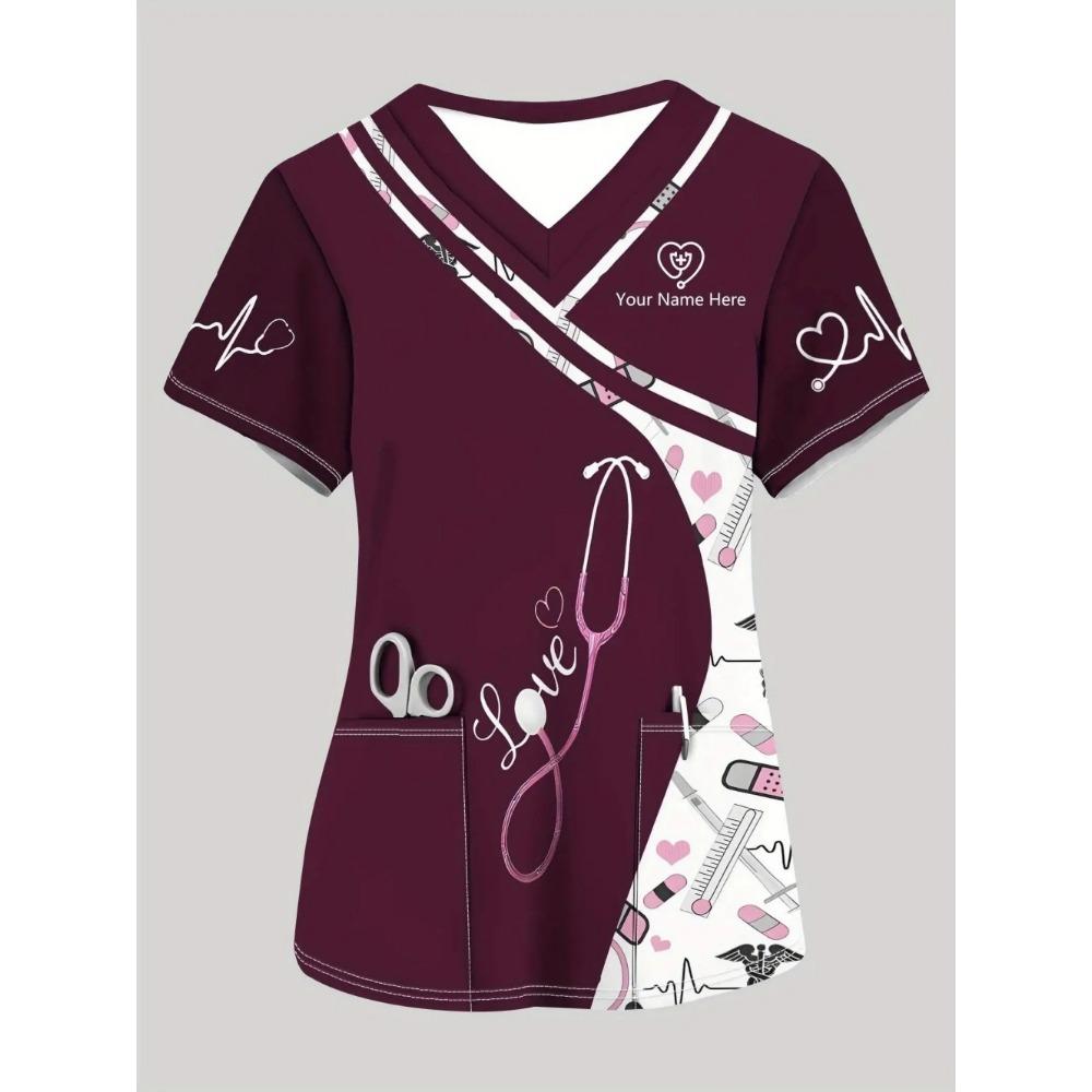 Klinische Uniform Damen Stethoskop-Print V-Ausschnitt Kurzarm Krankenschwester Uniform Oberteile Mode mit Tasche Zahnarzt Krankenschwester Uniform Damen XL
