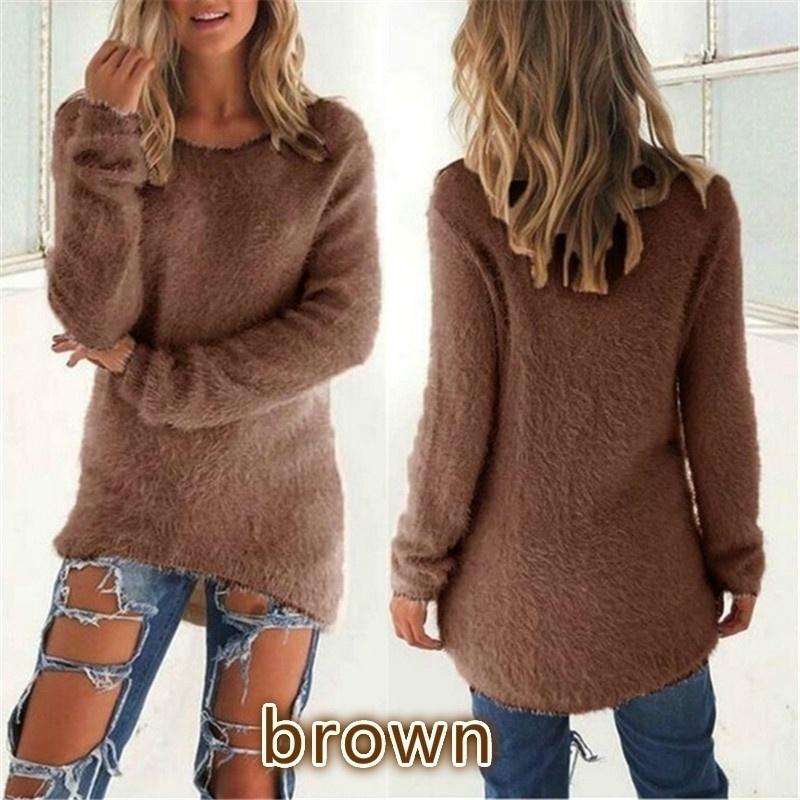Frauen Kleidung Herbst und Winter Pullover Casual Langarm Pullover Damen Oansatz Shirts Baumwolle Pullover Lose Pullover M braun