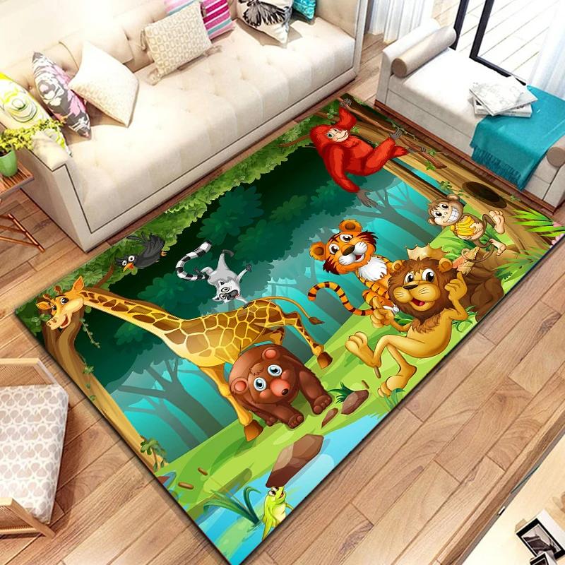 Wildes Cartoon-Tier-Teppich, Afrikanischer Safari-Tier-Teppich für Kinder Kawaii-Zimmerdeko Eingang Fußmatte Dschungel-Wildtier-Bodenmatte 80x120cm 31x47 inch