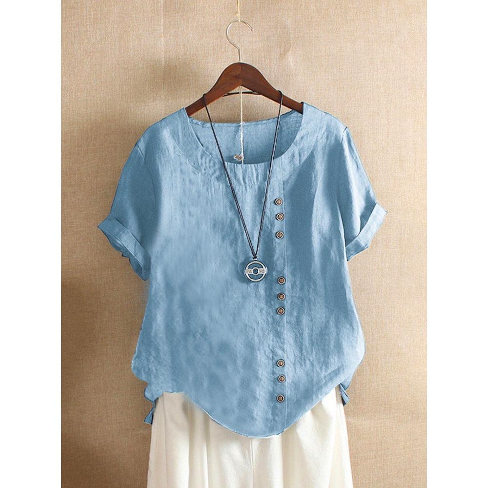 GMXIA Damenmode, lässig, Sommer, einfarbig, bedruckt, kurzärmelig, O-Ausschnitt, Blusen und Hemden XXXXL himmelblaue