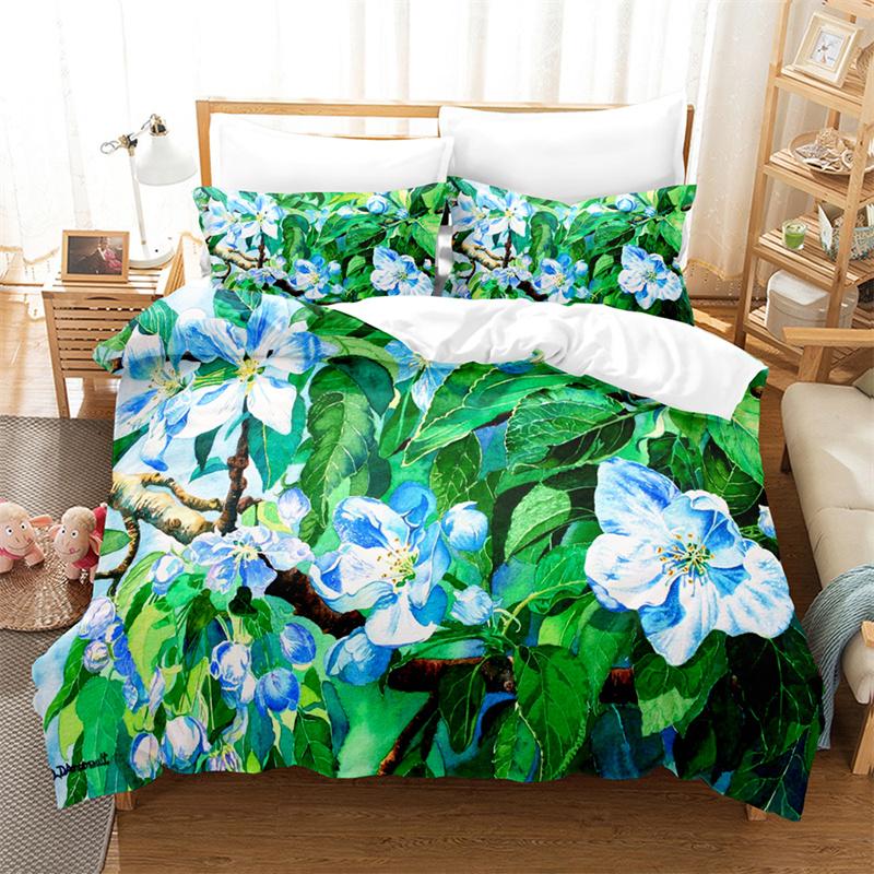 Grünes Bettbezug-Set für Doppelbett, Einzelbett, Bettbezug, Blumenmuster, Queen-Size-Bett, King-Size-Bett, Blätter, Bettwäsche-Sets 200 x 200, 2-teilig, 3-teilig, dünn, 3D, Twin EU Sing 135x200cm&Duvet Cover