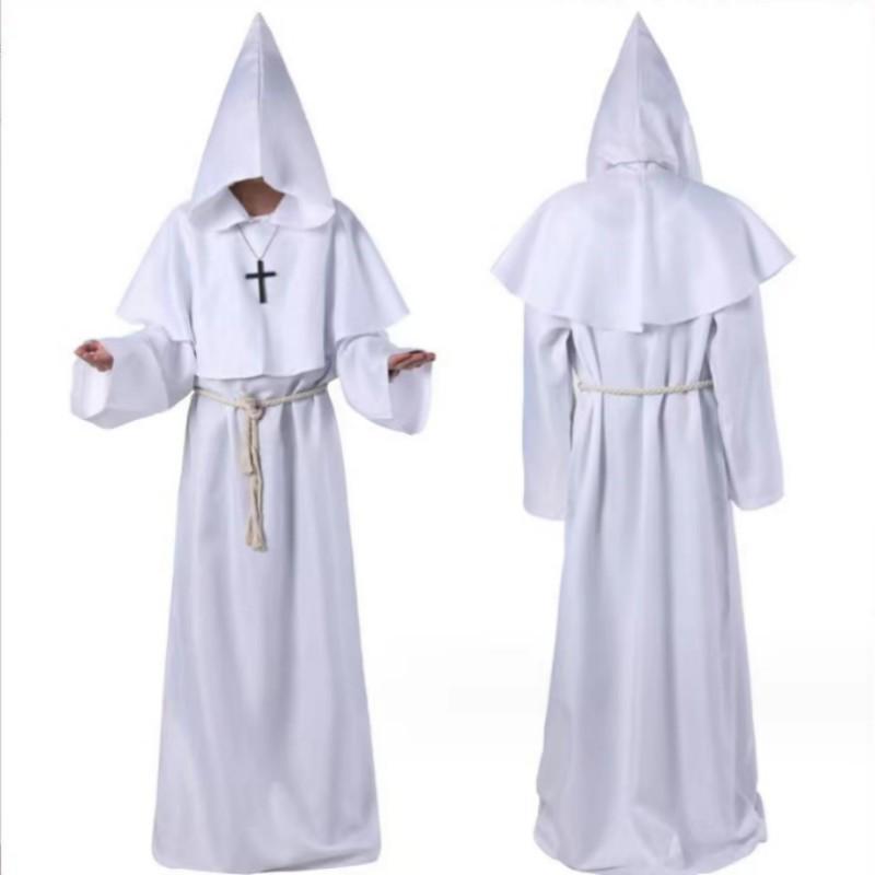 Mönch Robe Mittelalter Mönch Mönch Priester Mit Kapuze Robe Umhang Halloween Tunika Mit Kapuze Uniform Mönch Kostüm Cosplay Kostüm M weiß
