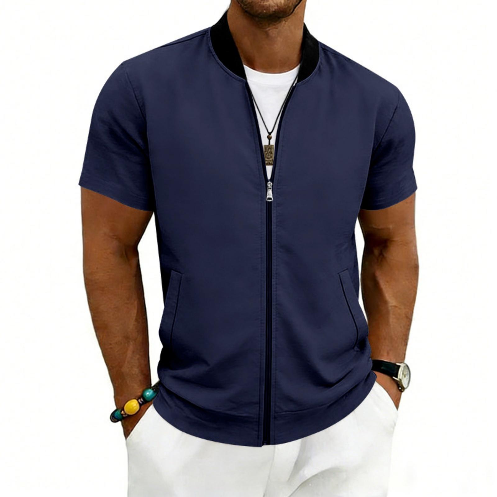 Herren Kurzarm Jacke mit Reißverschluss Lässige Leichte Sommer Jacke mit Rippkragen und Taschen XXXL dunkelblau