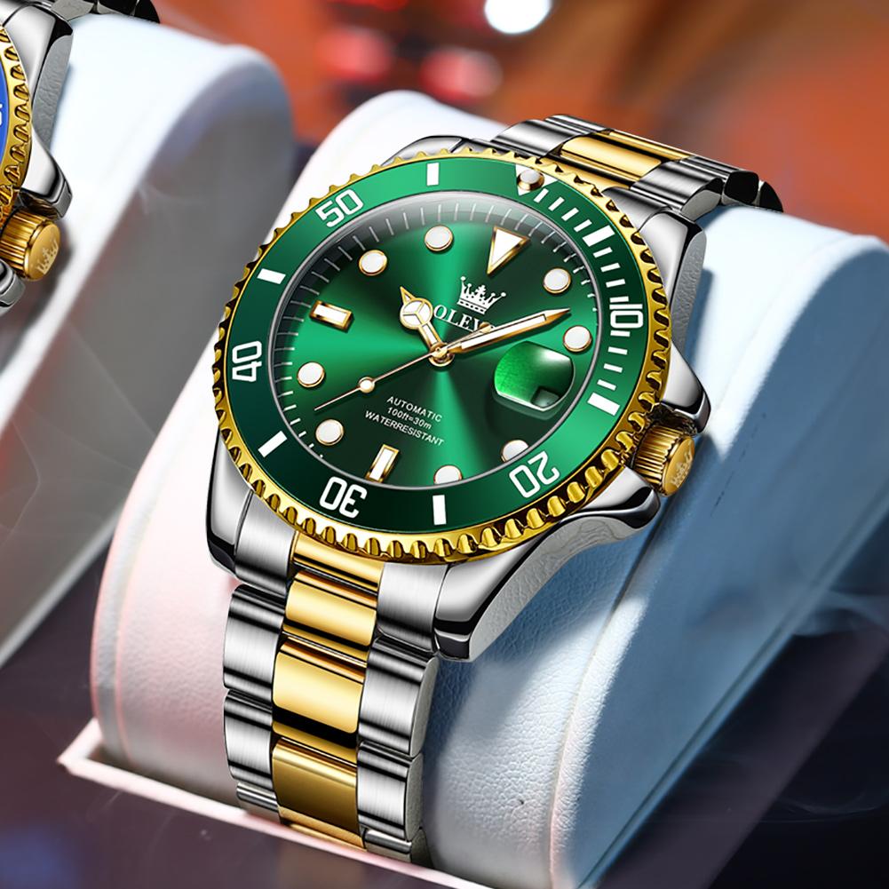 Herrenuhren Klassisch Mode Automatische Mechanische Armbanduhr Wasserdicht Leuchtend Datum Trend Tauchtyp grün/gold