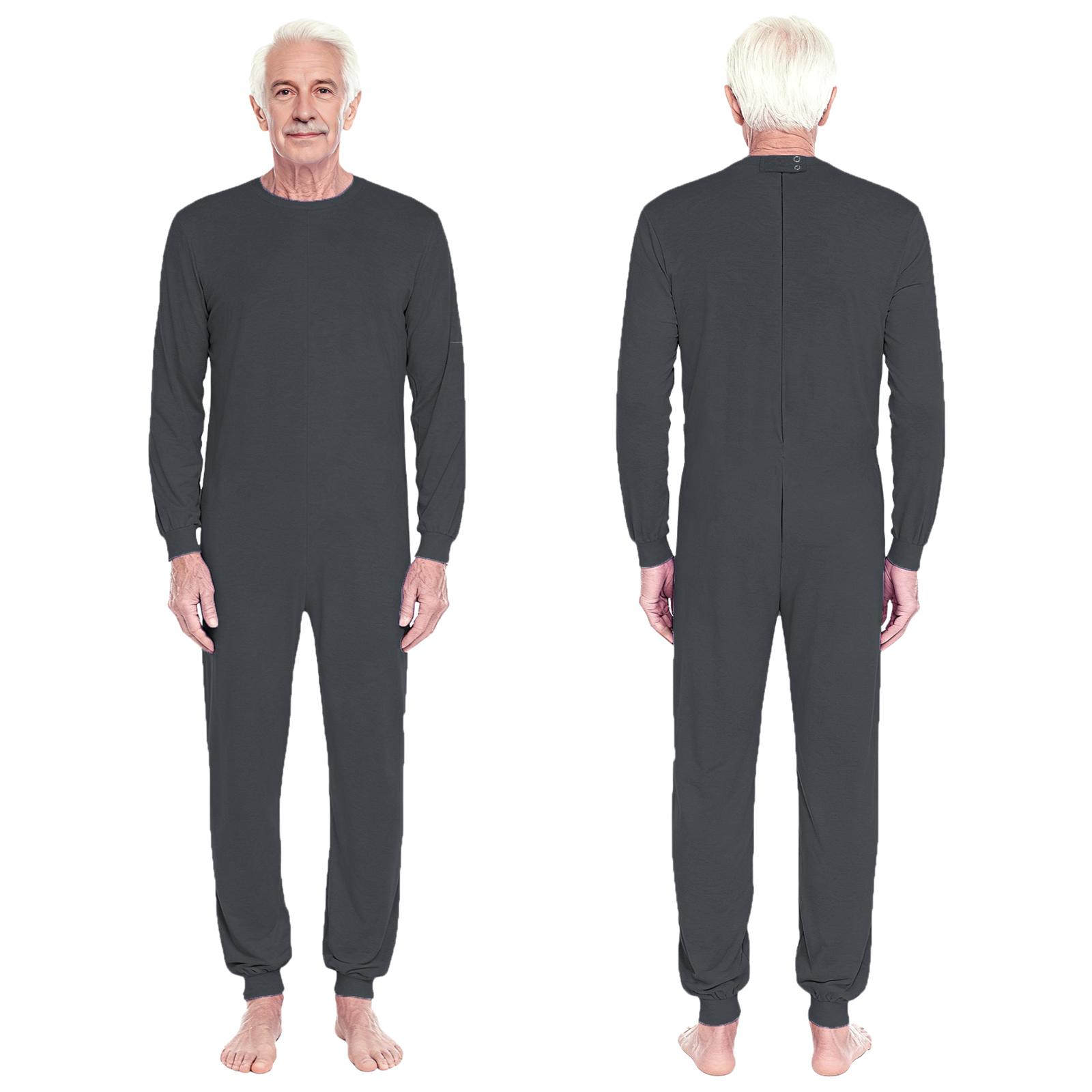 Unisex Anti-Strip Adaptiver Jumpsuit für Ältere Rundhalsausschnitt Langarm Reißverschluss hinten Lange Hosen Einteiler Strampler M dunkelgraue