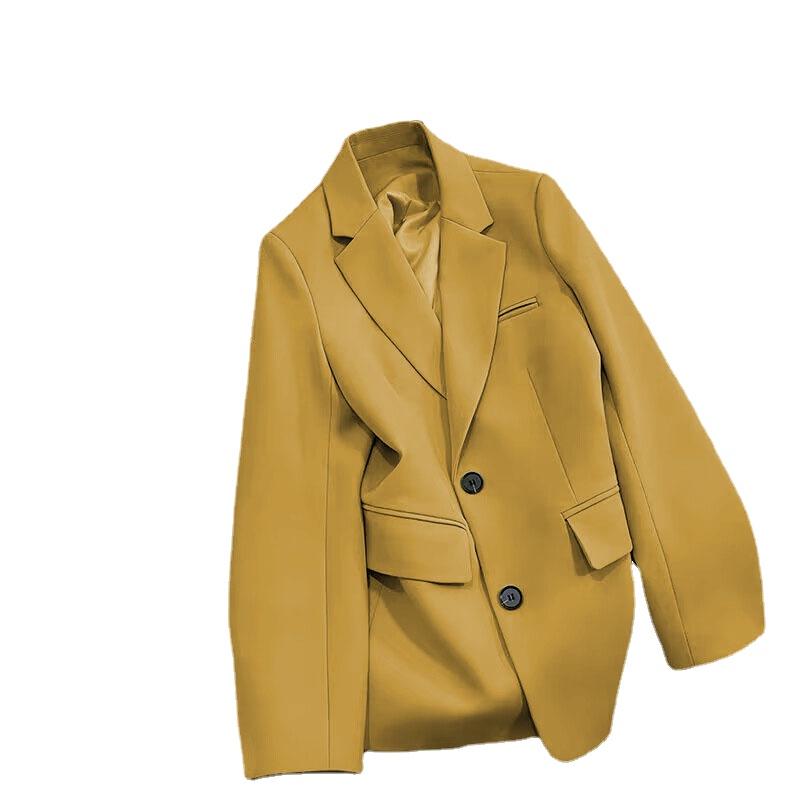 Frauen Einfarbig Schwarz Knopf Tasche Blazer Anzug Langarm Strickjacke Koreanische Mode Casual Multi Farben Blazer Jacke L gelb