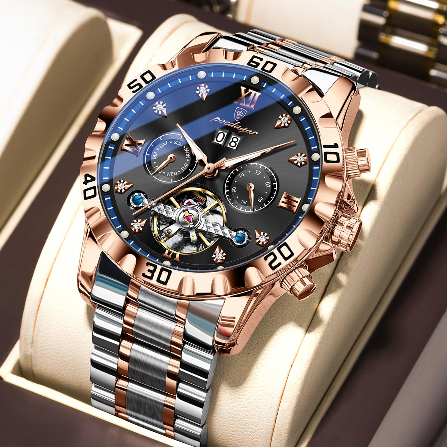 POEDAGAR Top Luxus Herrenuhr Automatisch Datum Woche Herren Armbanduhr Hohl Tourbillon Mechanisch Edelstahl Uhren rose gold/blau