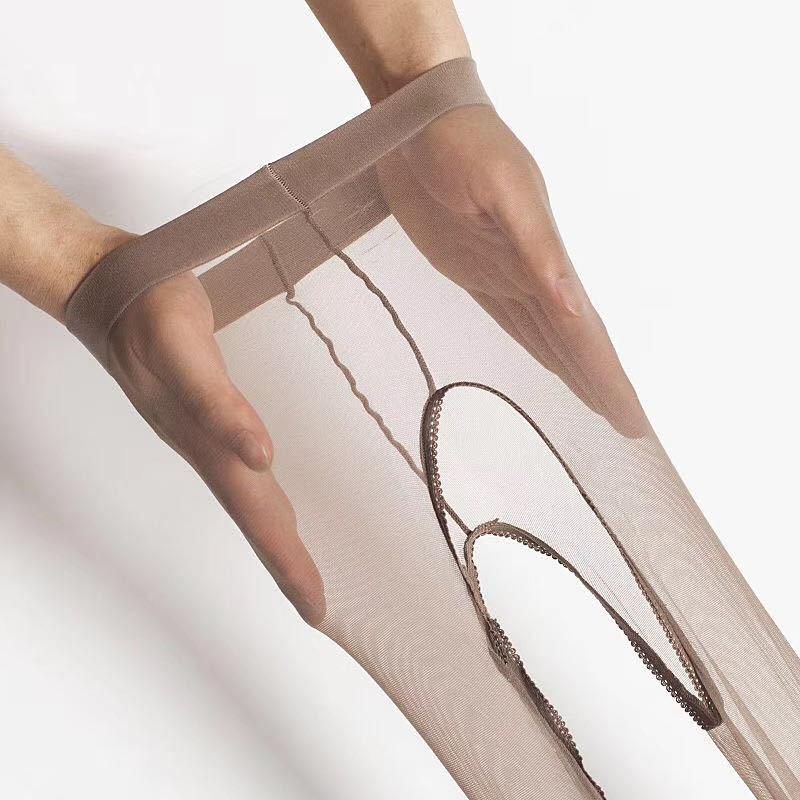 0D Zarte Ultra-Dünne Strumpfhosen Für Damen Sexy Transparente Elastische Dünne Strumpfhosen Mit Offenem Schritt Dehnbare Damen-Strumpfhosen One Size beige