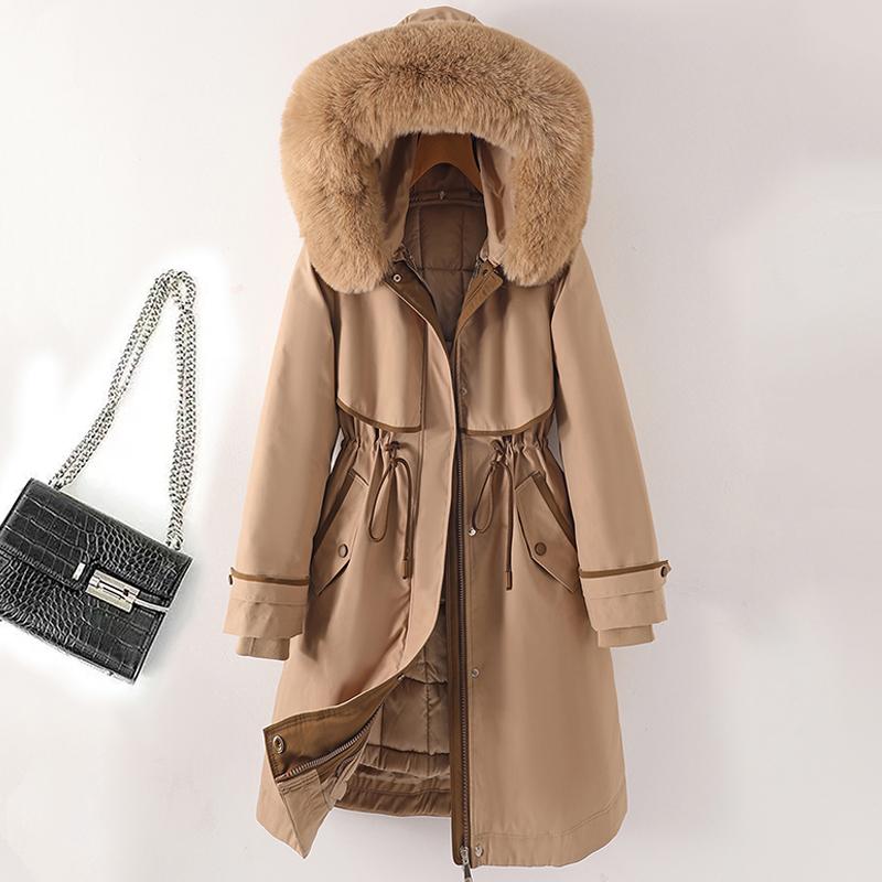 Faux Pelz Kragen Lange Jacken für Frauen Winter Neue Liner Abnehmbare Weibliche Gepolsterte Mantel Winter Koreanischen Stil Parkas Mit Kapuze 5XL khaki