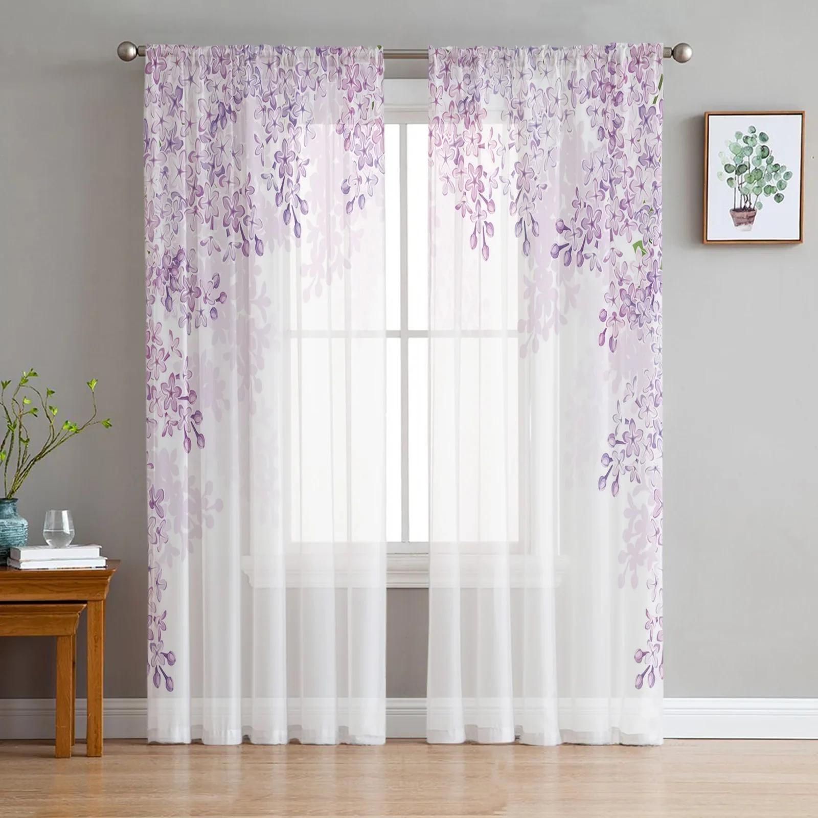 Pflanze Rebe Lila Blume Sheer Vorhänge Wohnzimmer Fenster Tüll Vorhänge Für Schlafzimmer Küche Home Dekoration Voile Vorhänge W135 x H115cm x1&Rod Pocket white
