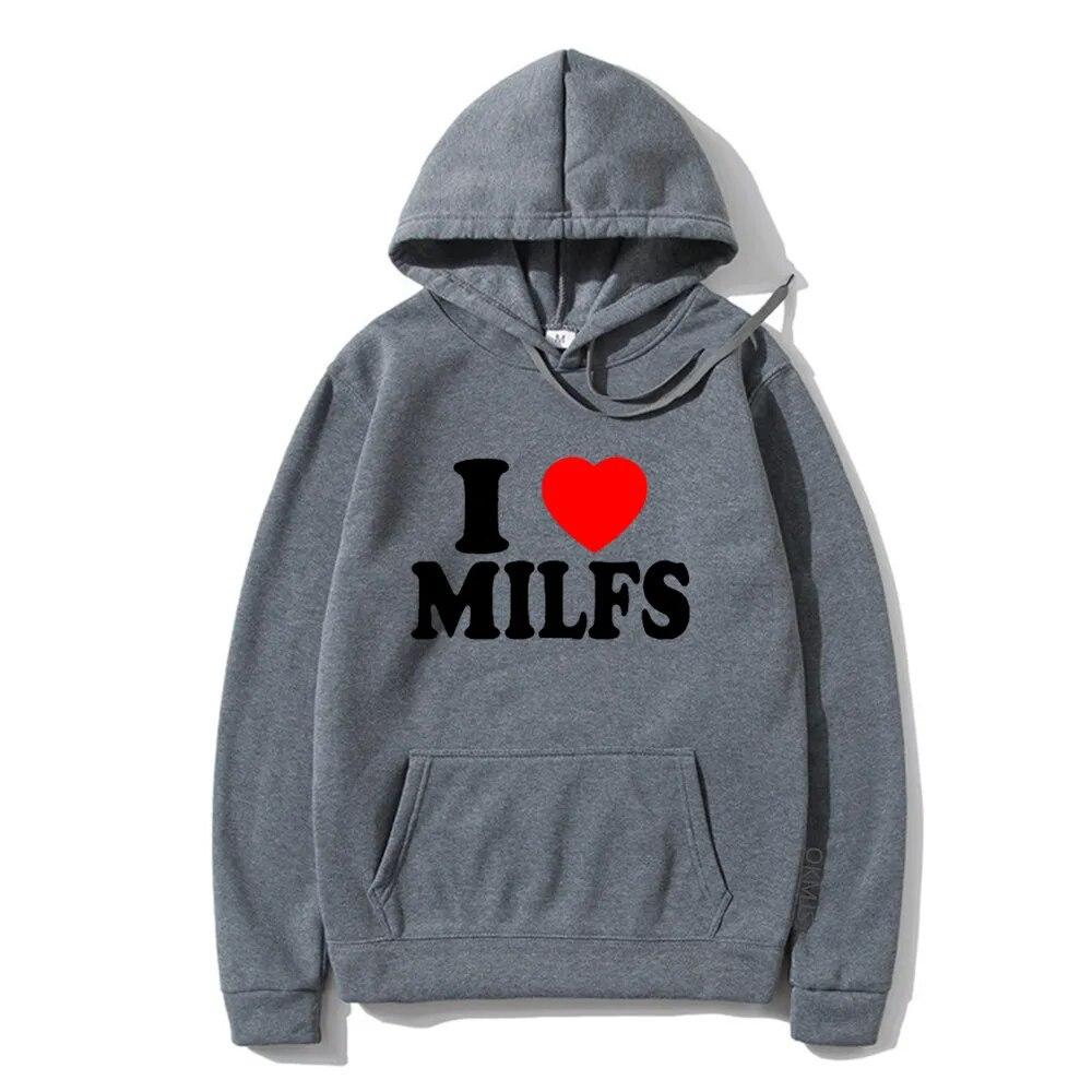 Neue I Love MILFS Hoodies Buchstabenaufdruck Herren Damen Mode Hip Hop Hoodie Kapuzenpullover Unisex Trainingsanzüge Kleidung XS dunkelgrau