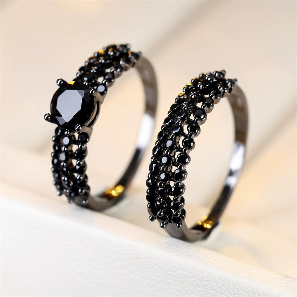 s/Set Antiker Schwarzer Kristall Zirkon Runder Stein Ring Sets Für Frauen Vintage Schwarzes Metall Verlobungsringe Hochzeits Schmuck Geschenke 7 black