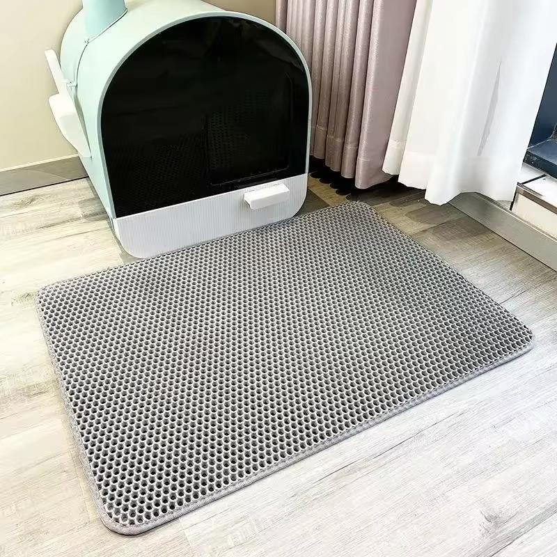 Katzenstreu Matte Haustier Toilette Wasserdichte Doppelschicht Haustier Katzentoilette Matte Rutschfeste Sand Katze Waschbare Matte Sauber Pad Pet Clean Supplies 55x75cm grau