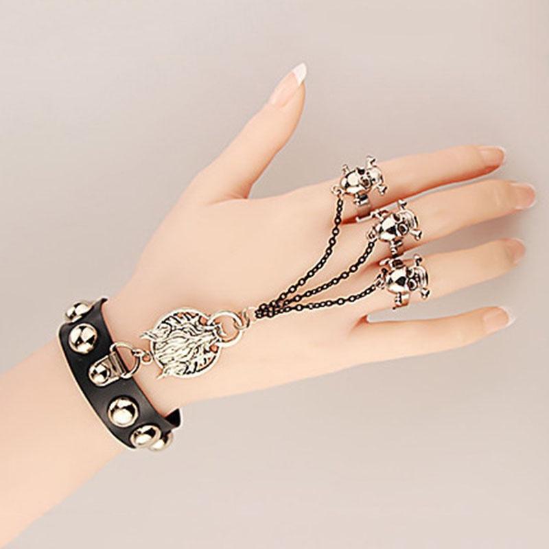 Schicker Modeschmuck Gothic Totenkopf Wolf Handketten Lederarmband Hand Finger Ring Armband