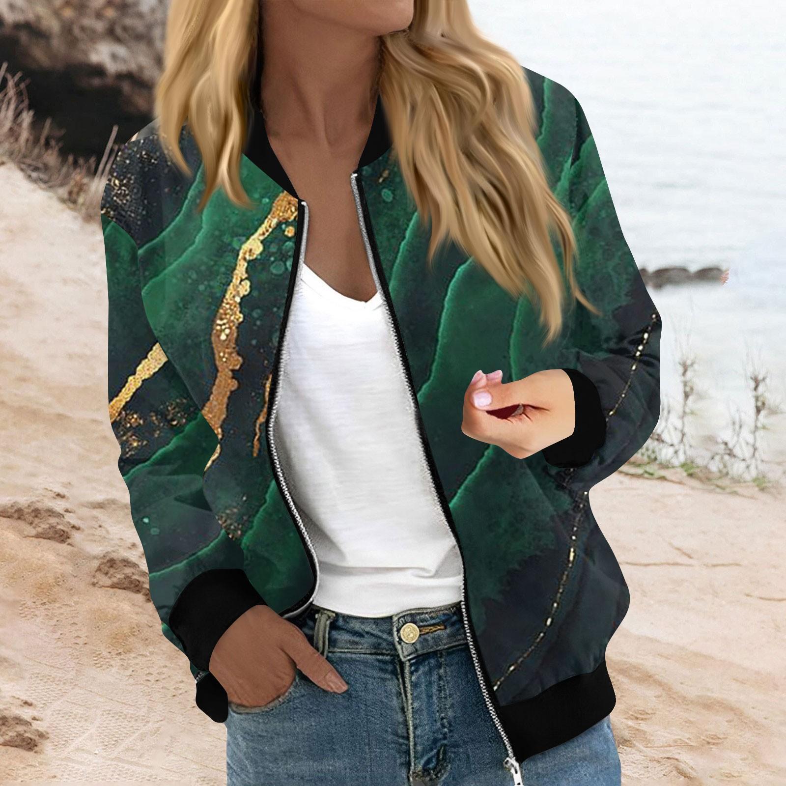 Damenmode Casual Gradient Print Jacke Reißverschluss mit Taschen Jacke XXL grün