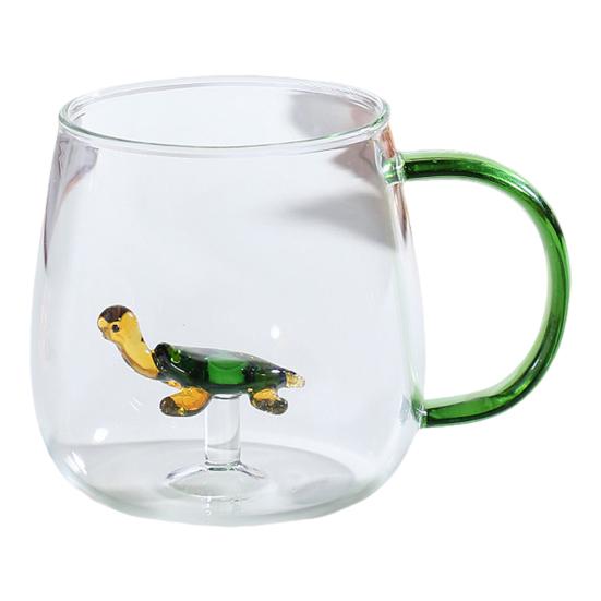 Handgefertigtes Glas Tier Pflanzenform Transparentes Wasserglas Niedliches Kaffee Milch Trinkglas mit buntem Henkel Tortoise
