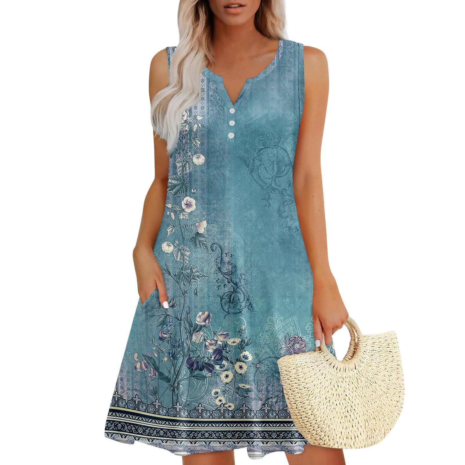 Damen Sommerkleider Lockeres V-Ausschnitt Ärmelloses Sommerkleid Kleid Mit Taschen XL himmelblaue