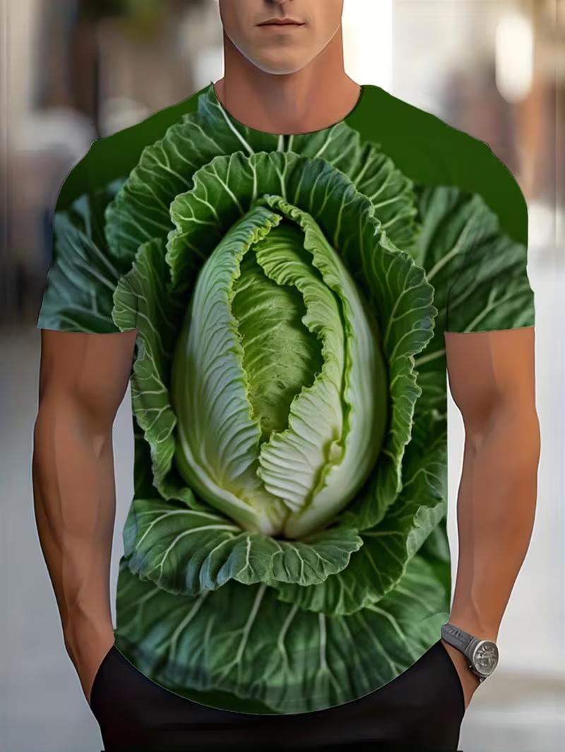 Lustiges Kopfsalat 3D-gedrucktes T-Shirt mit lustigem Gemüse-Muster Herren Kurzarm-Oberteil Trendiges Harajuku Alternative Personalisierte Herrenmode XXS