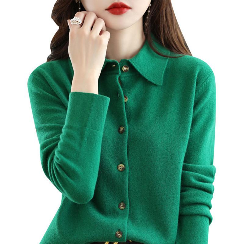 Pullover Strickjacke Wollmischung Herbst und Winter Damen neue lose Polo-Revers-Tops gestrickte Strickjacke S grün