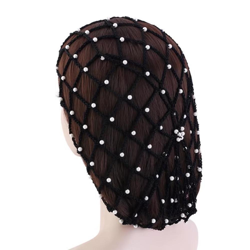 Einfarbiger Netz-Snood Haarnetz Perlen Perlen Übergroße Strickmütze Haaraccessoires schwarz