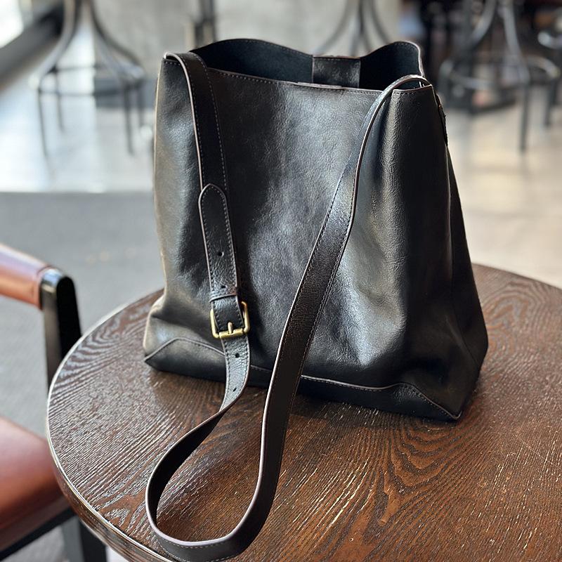 Johnature Einfache Eimer Umhängetaschen Echtes Leder Vintage Frauen Einkaufstasche Große Kapazität Rindsleder Einkaufstasche schwarz