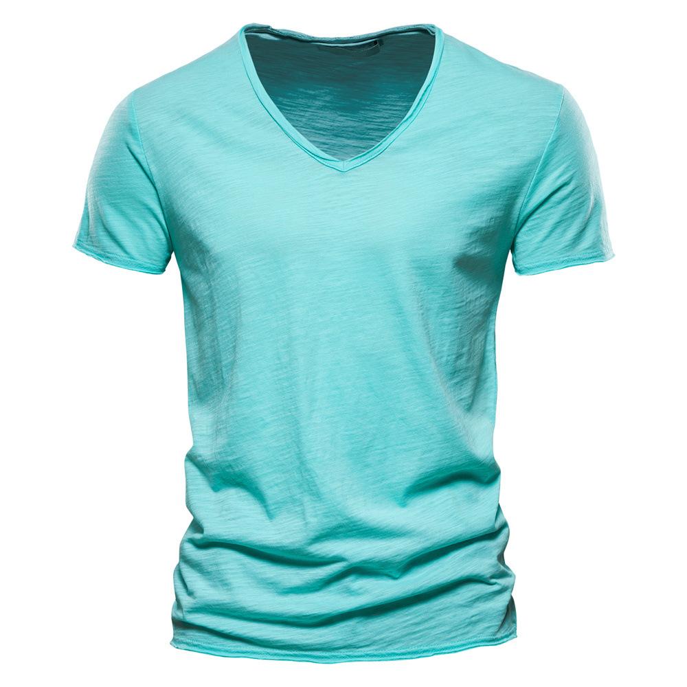 Herren Sommer Einfarbig V-Ausschnitt Kurzarm T-Shirt Baumwolle Oberteil Europäischer und Amerikanischer Stil Herrenmode XXL hellgrüne
