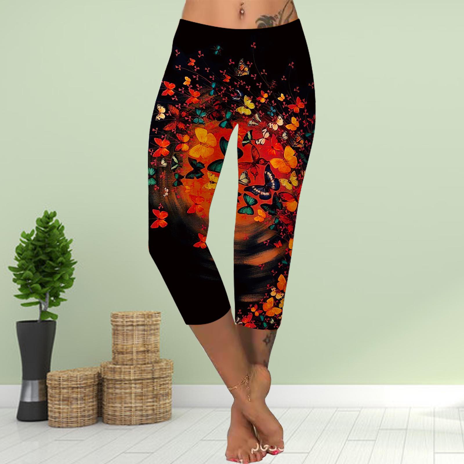 Hose Sommer Kurz Leggings Cropped Skinny Hose Übergröße Leggins Damen Slim 3D Orange Schmetterlingsdruck Hose 8XL orange