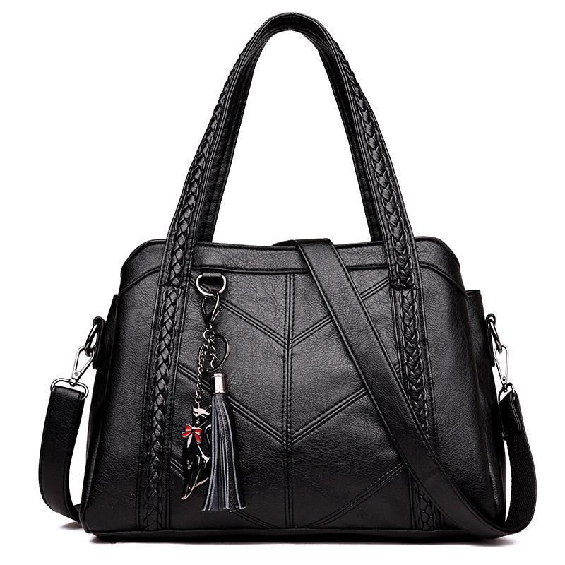 Weiche PU Leder Luxus Handtaschen Frauen Taschen Designer Damen Hohe Qualität Quaste Umhängetaschen Shopper Tote 31*11*22cm schwarz